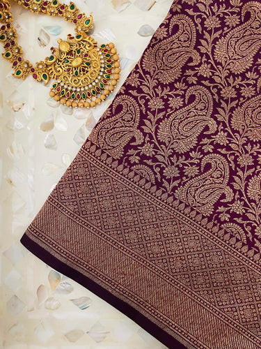 Banarasi Katan Silk Saree | Deep Plum | Antique Zari | Handwoven | Silk Mark Certified | Ships from California